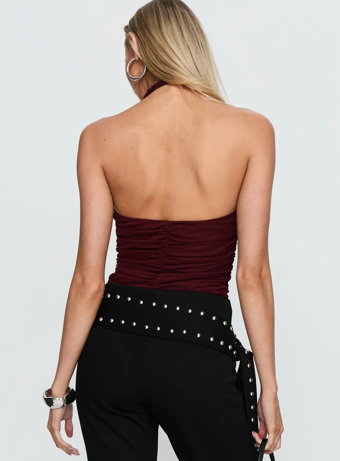 Eye Candy Ruched Bodysuit Burgundy