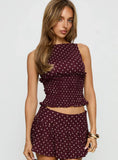 Roxee Ruched Linen Blend Top Plum Polka Dot