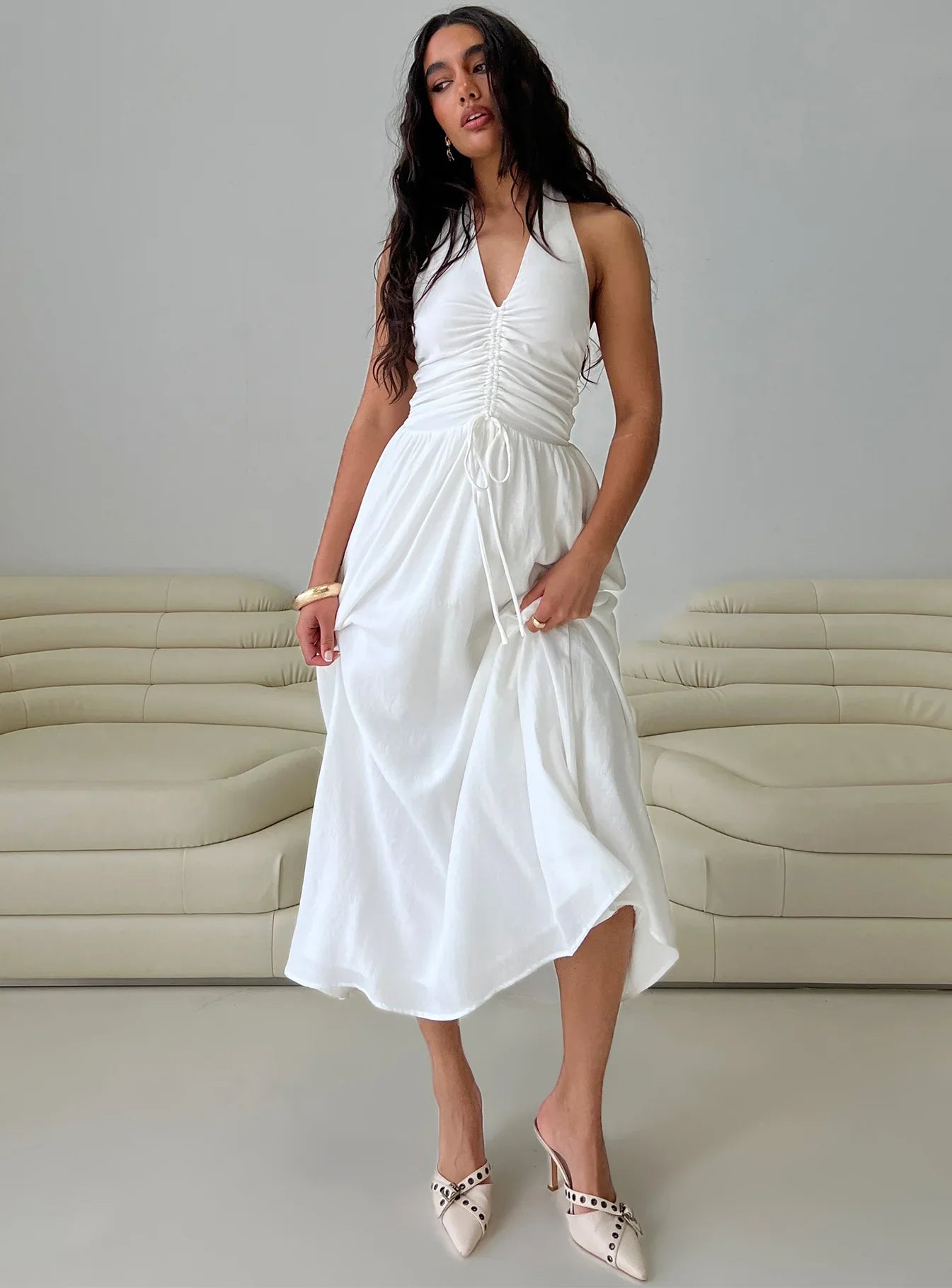 Jozefine Halter Ruched Maxi Dress White