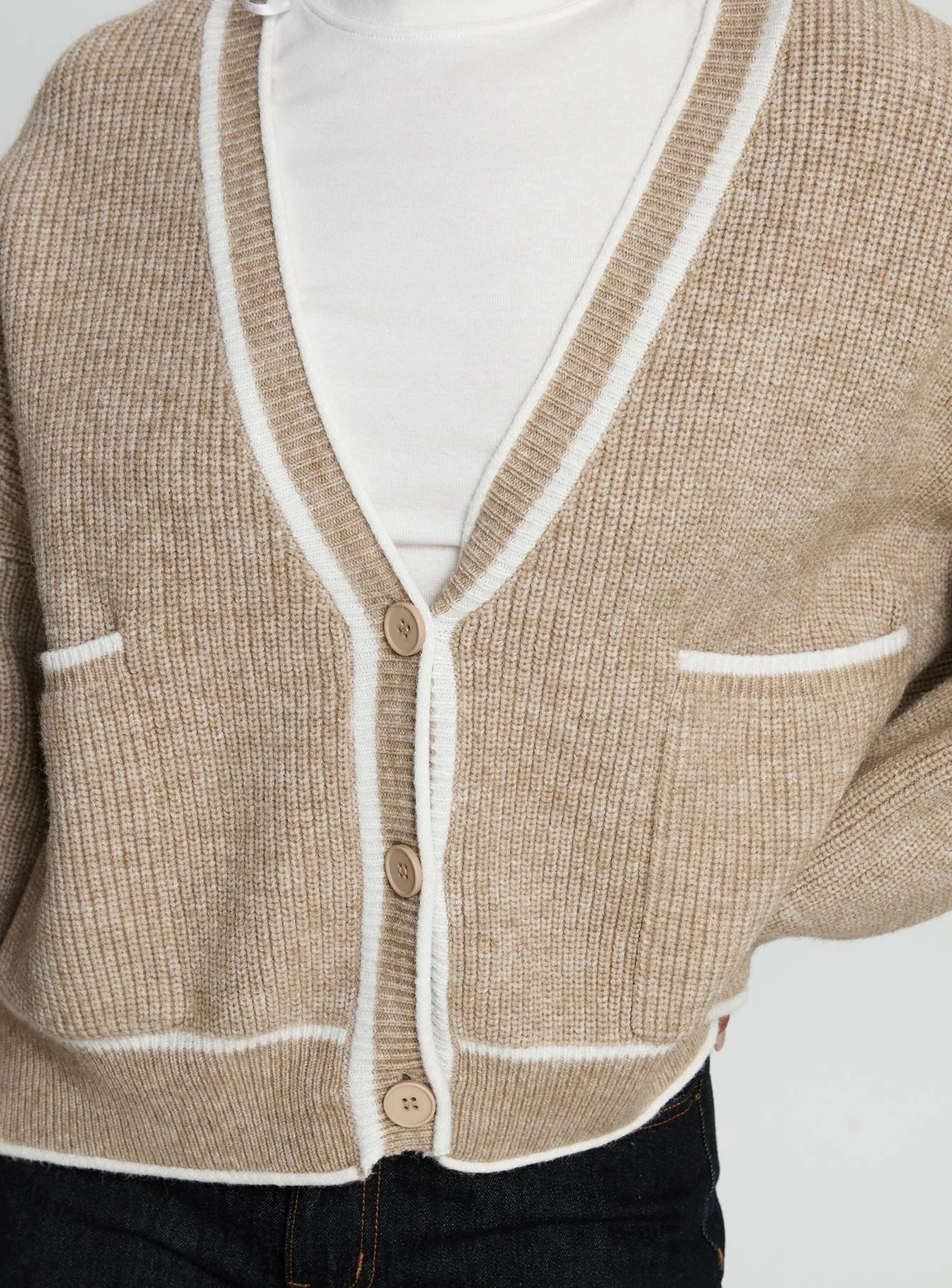 Cressara Contrast Knit Cardigan Beige White