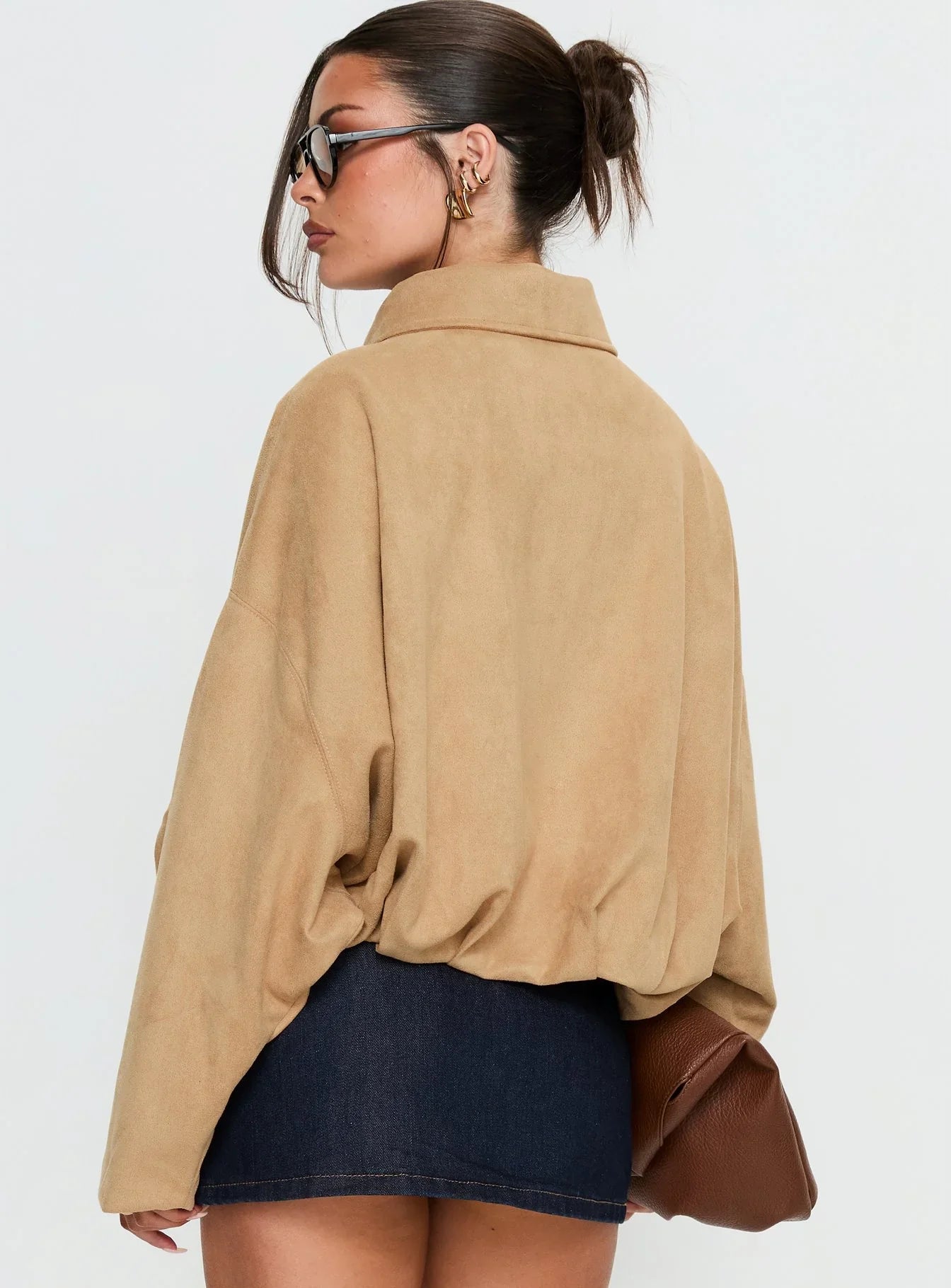 Enlightened Faux Suede Bomber Jacket Beige