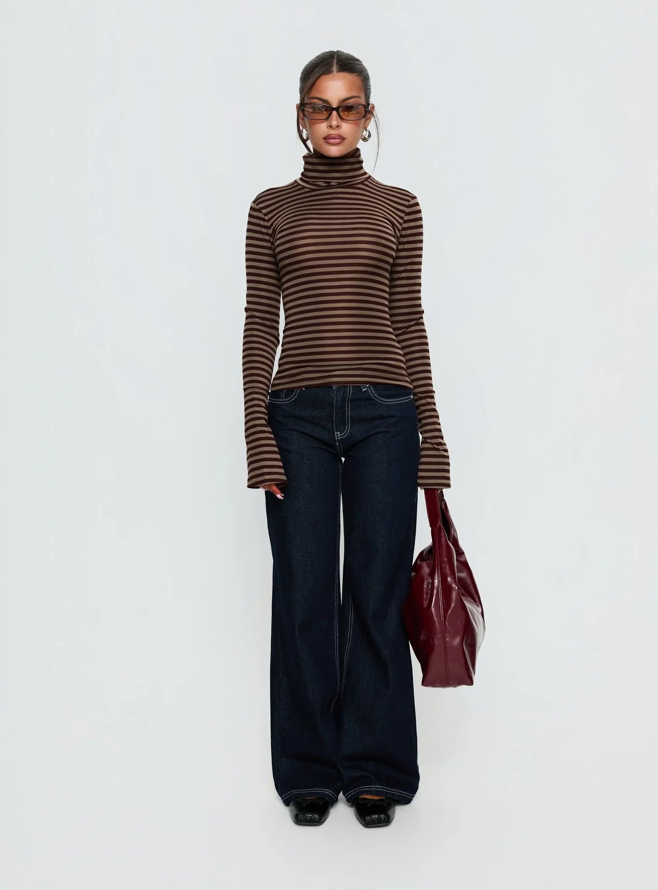 Temika Long Sleeve Backless Top Brown Stripe