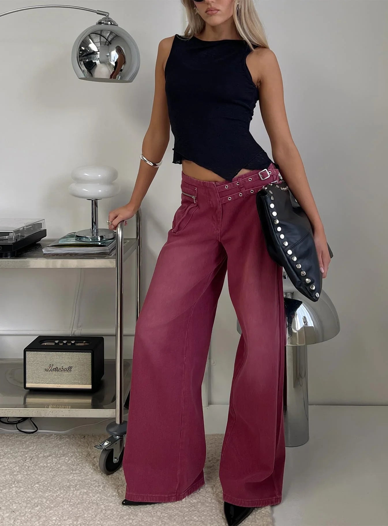 Paltrow Mid Rise Wide Leg Cargo Jeans Washed Burgundy