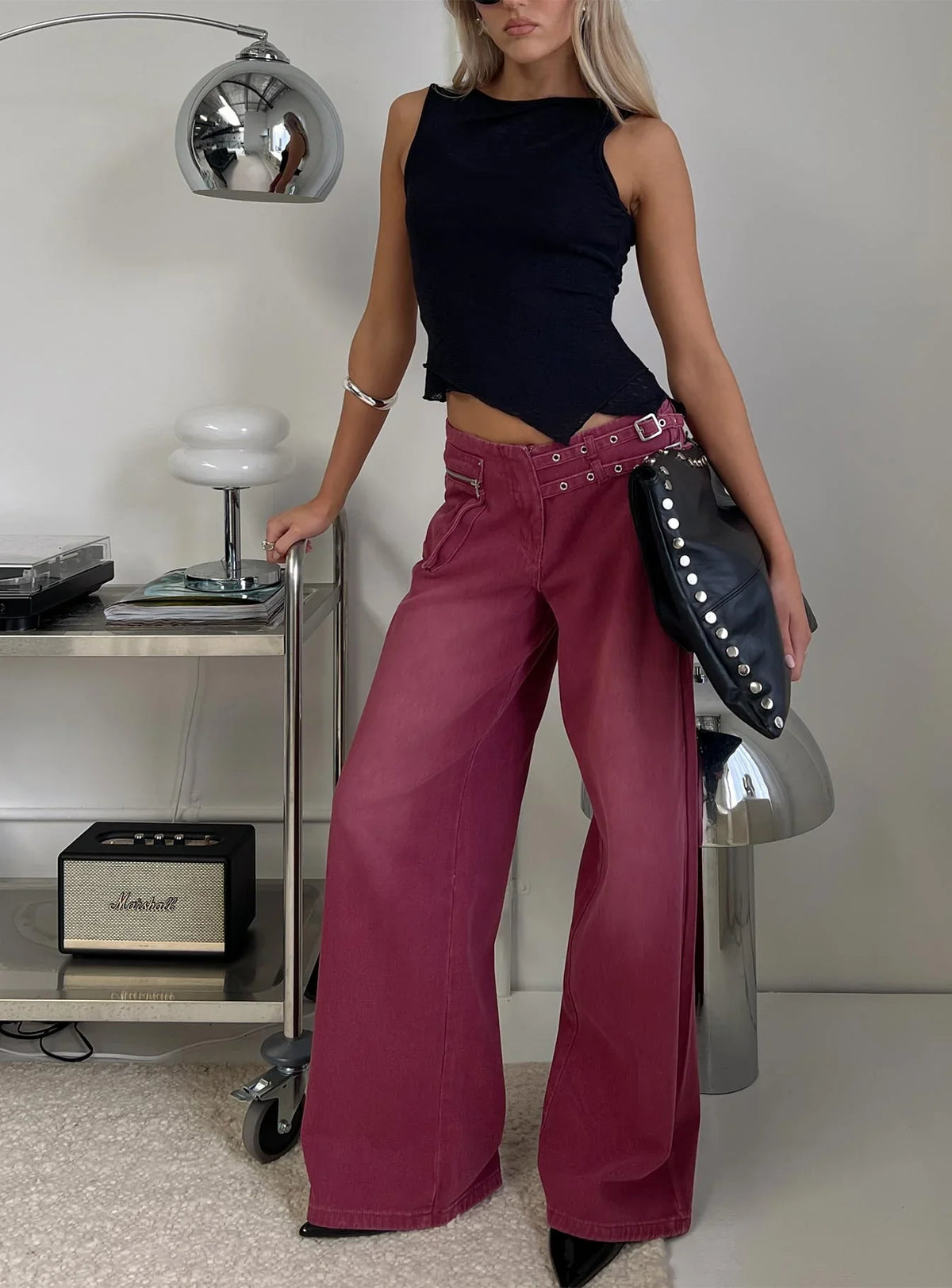 Paltrow Mid Rise Wide Leg Cargo Jeans Washed Burgundy