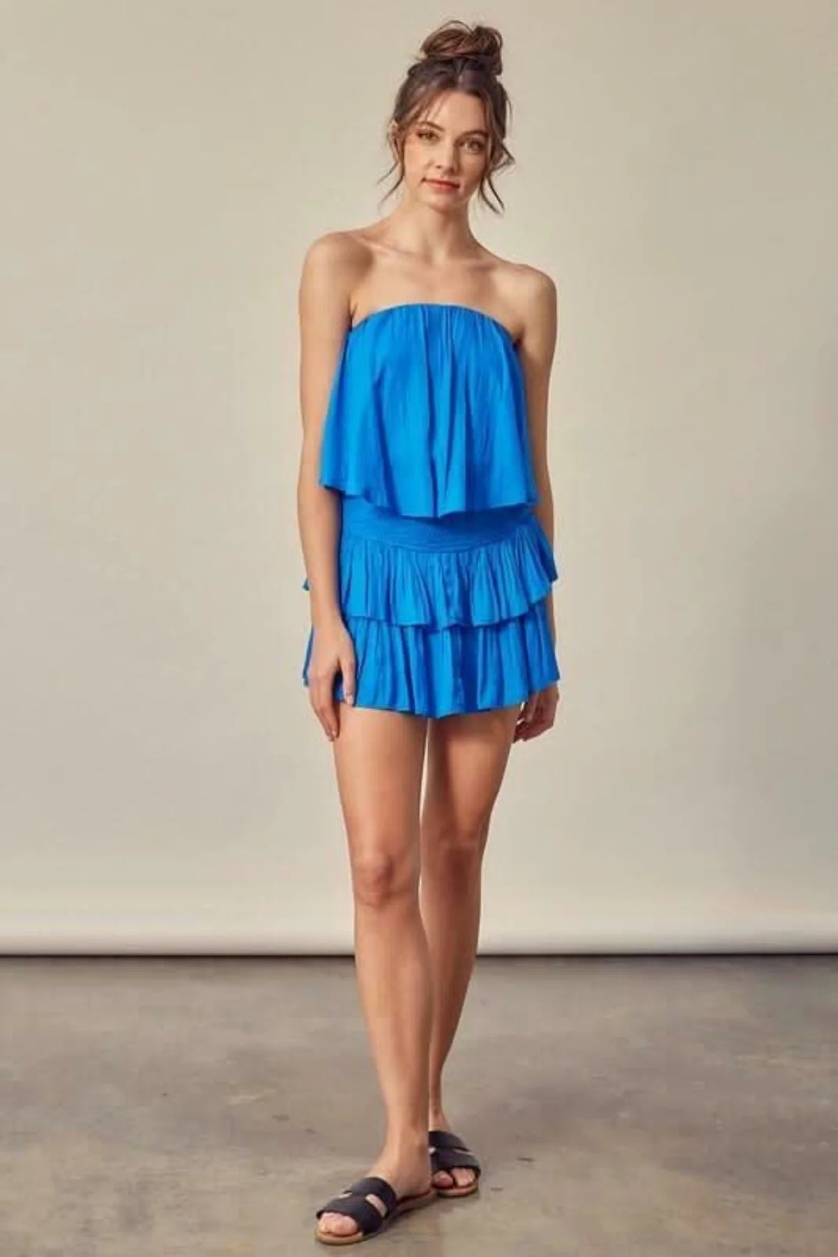 Monaco Paradise Blue Strapless Ruffle Romper