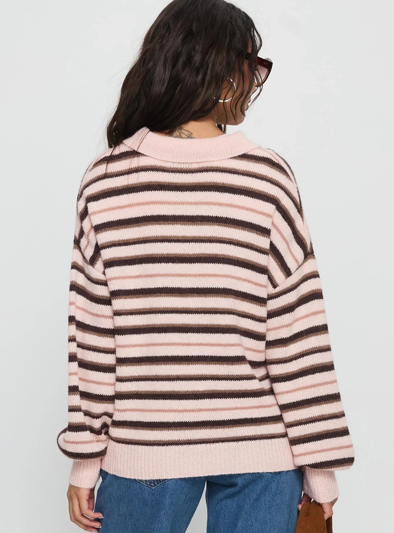 Jeanny Collared Knit Sweater Brown Pink Stripe