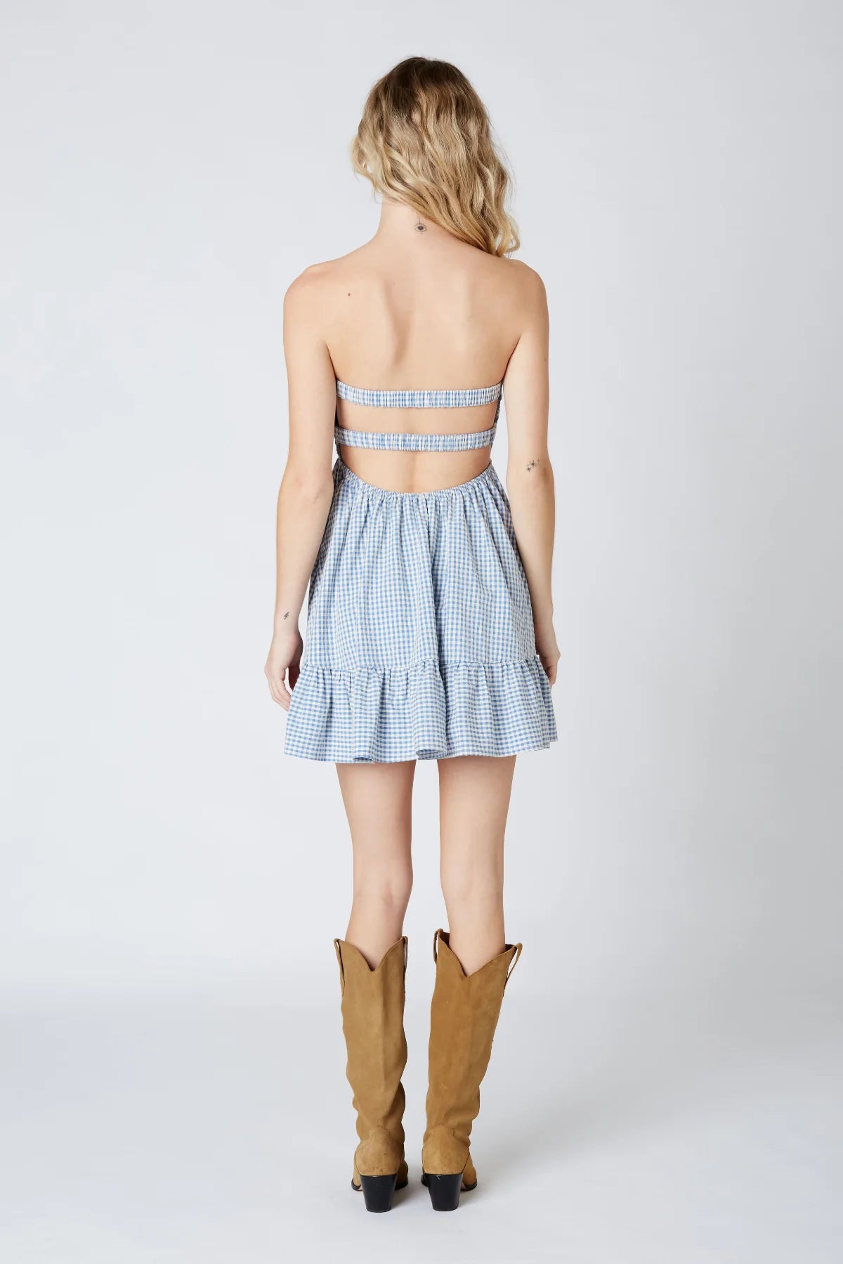 Argie Blue Gingham Strapless Romper