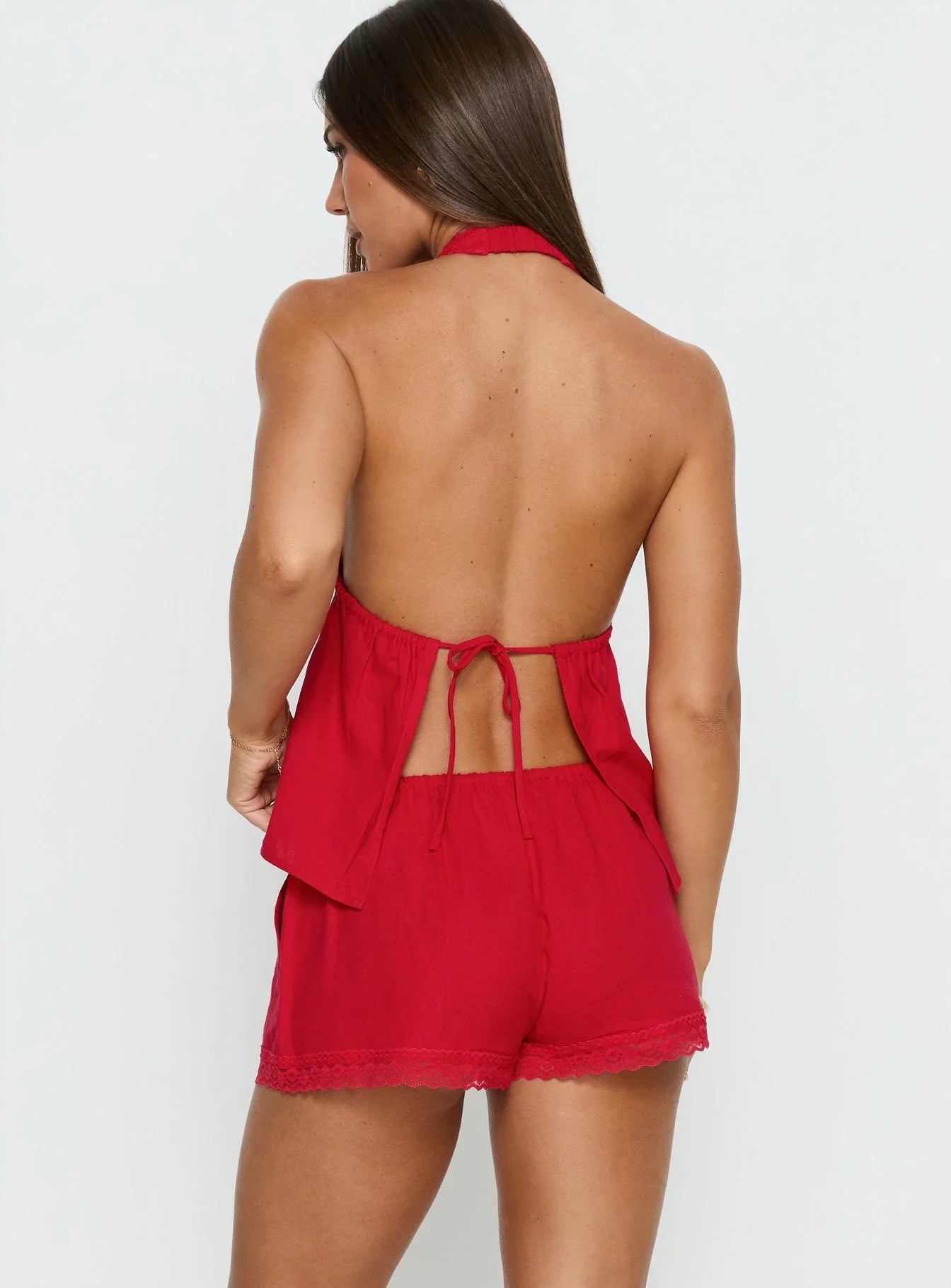 Cloud Crush Linen Drawstring Shorts Red