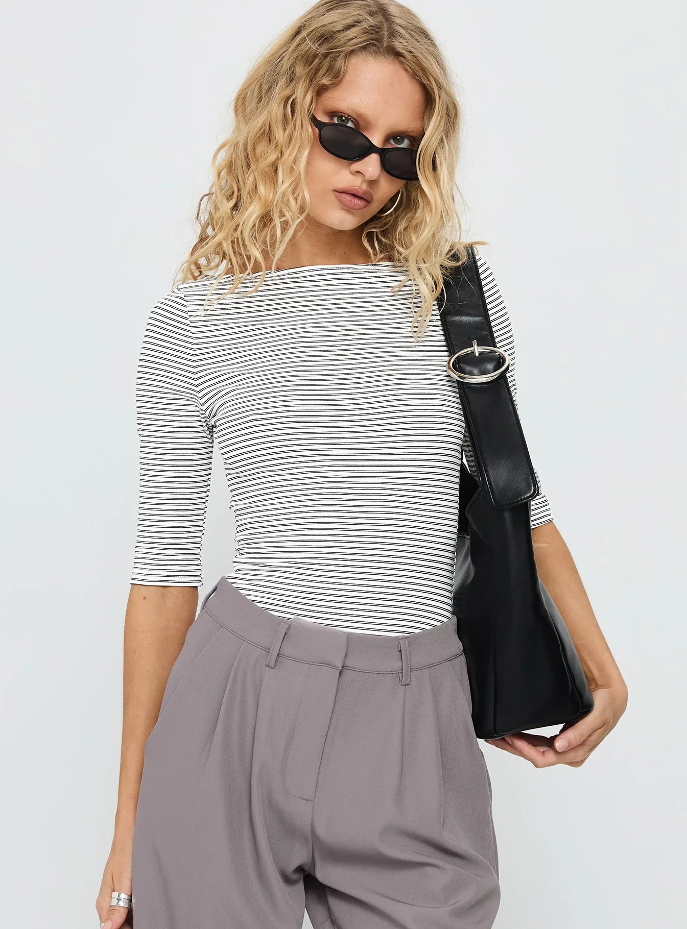 Here One Moment 3 4 Sleeve Bodysuit Black White Stripe