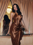 Annissa Plunge Halter Maxi Dress Dark Brown