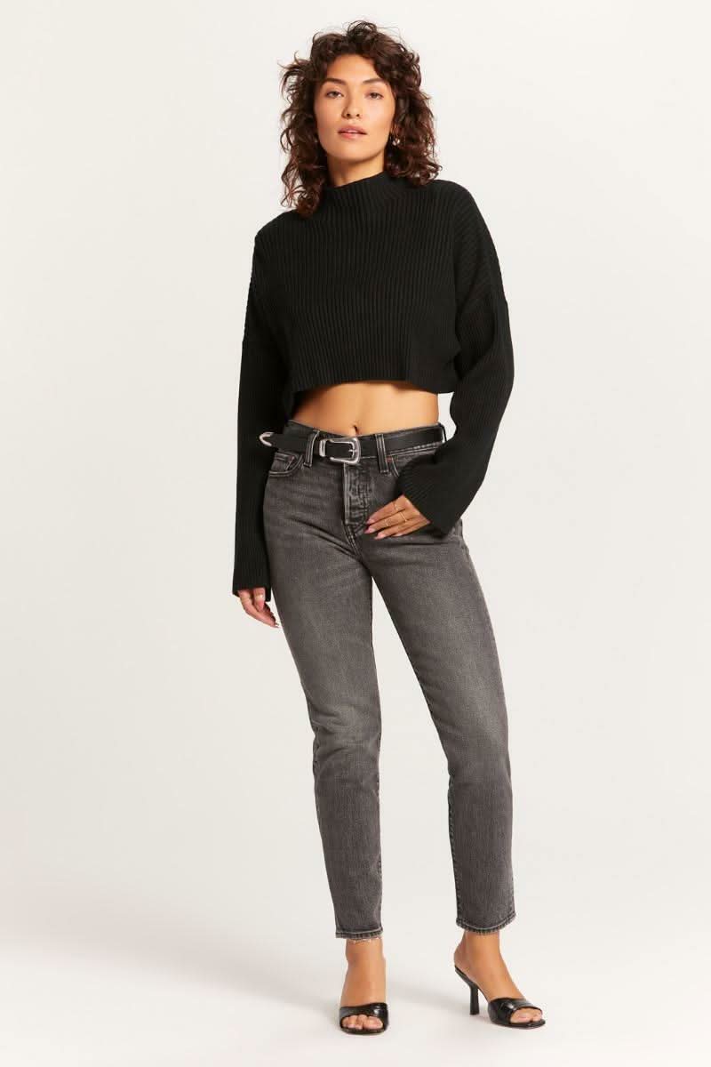 East Side Black Ribbed Knit Mock Neck Sweater