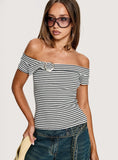 Kiela Off Shoulder Hardware Detail Top Grey / White Stripe