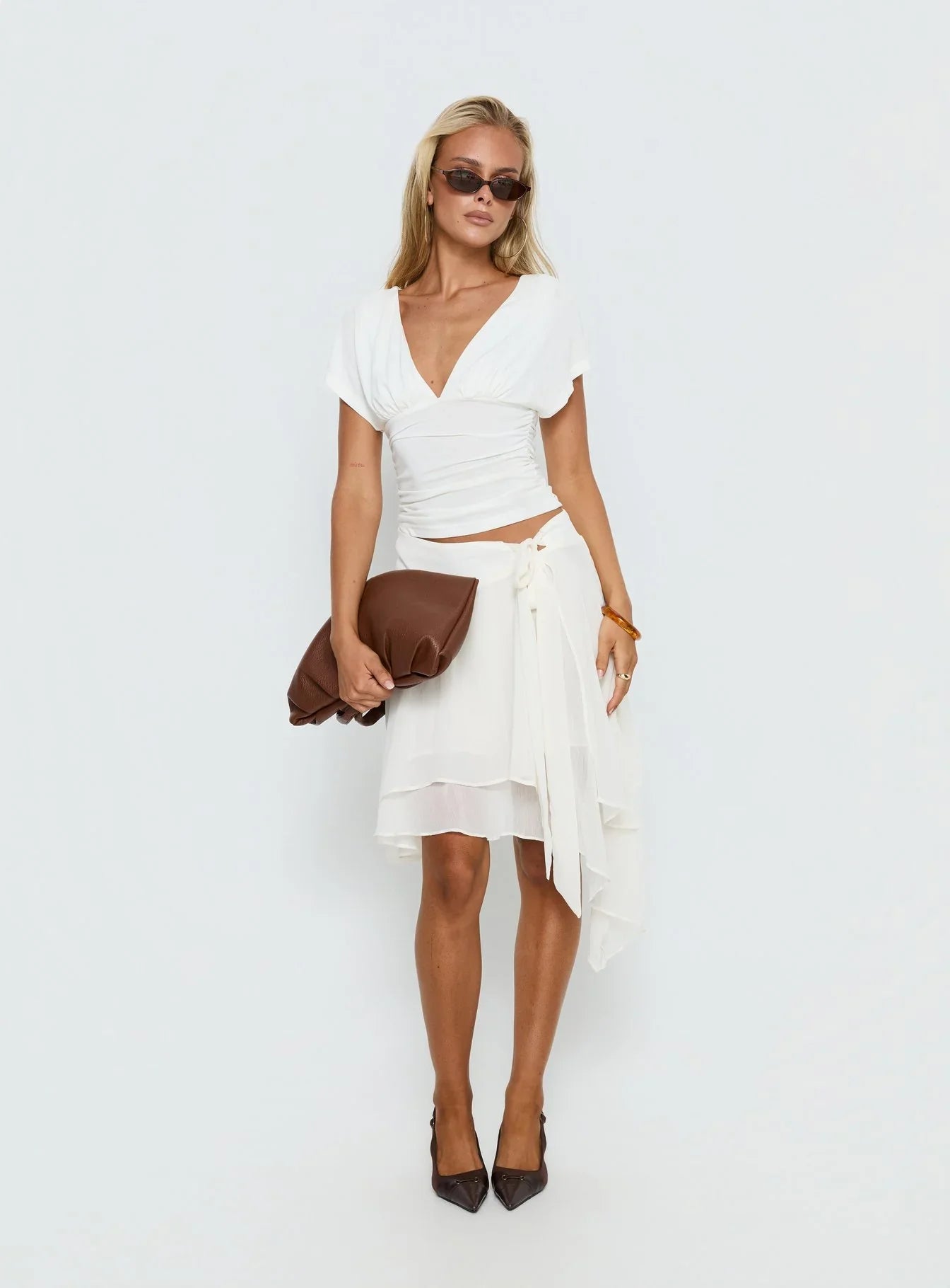 Ophella Tie Waist Chiffon Midi Skirt Cream