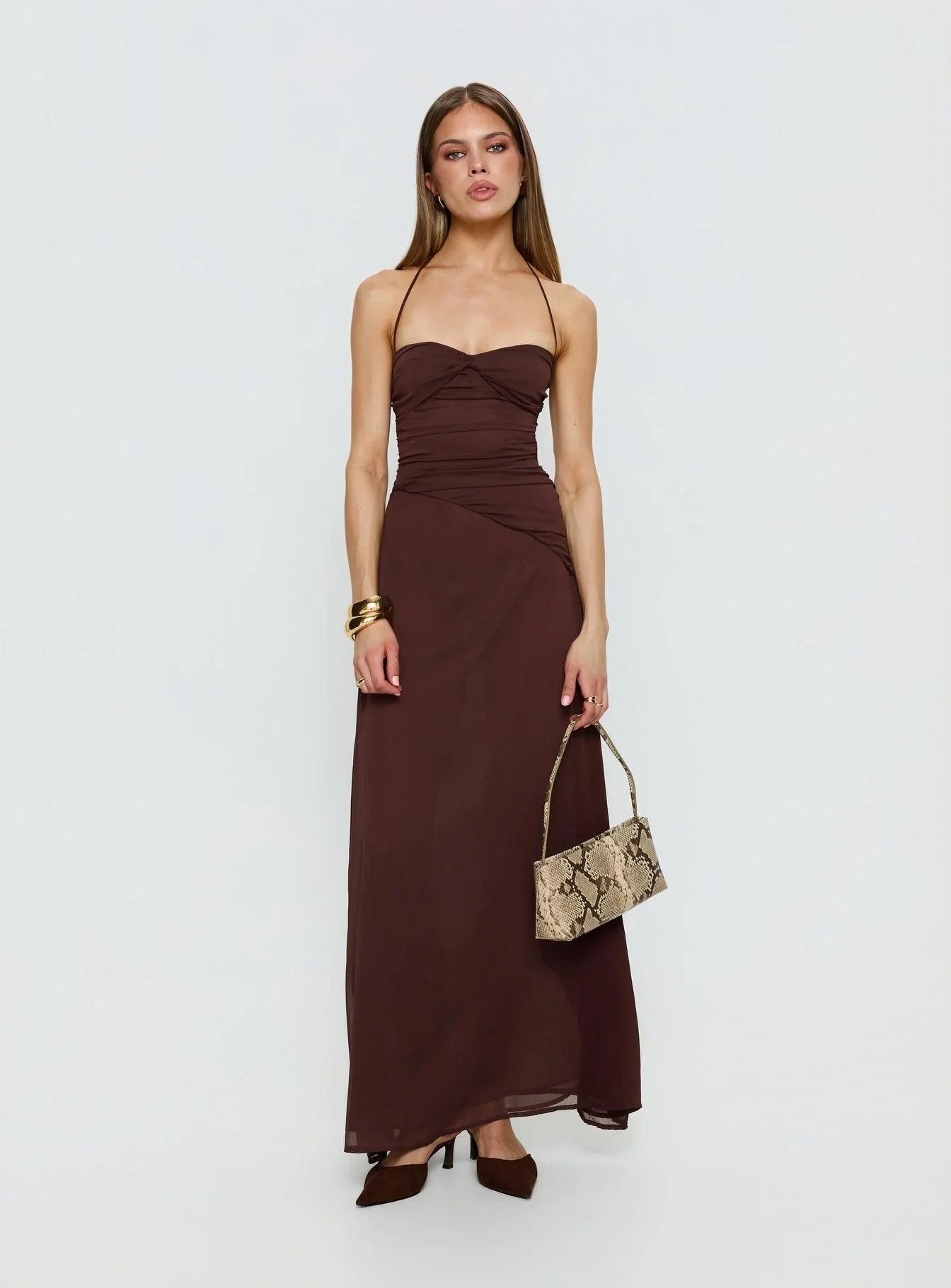 Kaemila Halter Chiffon Maxi Dress Brown