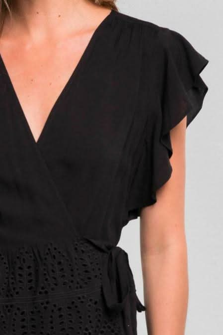 Once Again Black Eyelet Ruffle Sleeve Wrap Top