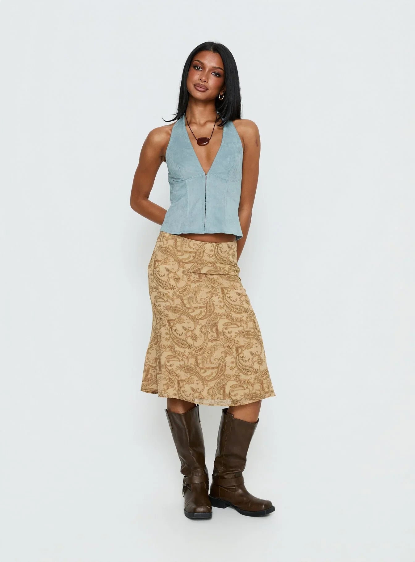 Dalyah Faux Suede Halter Top Soft Blue