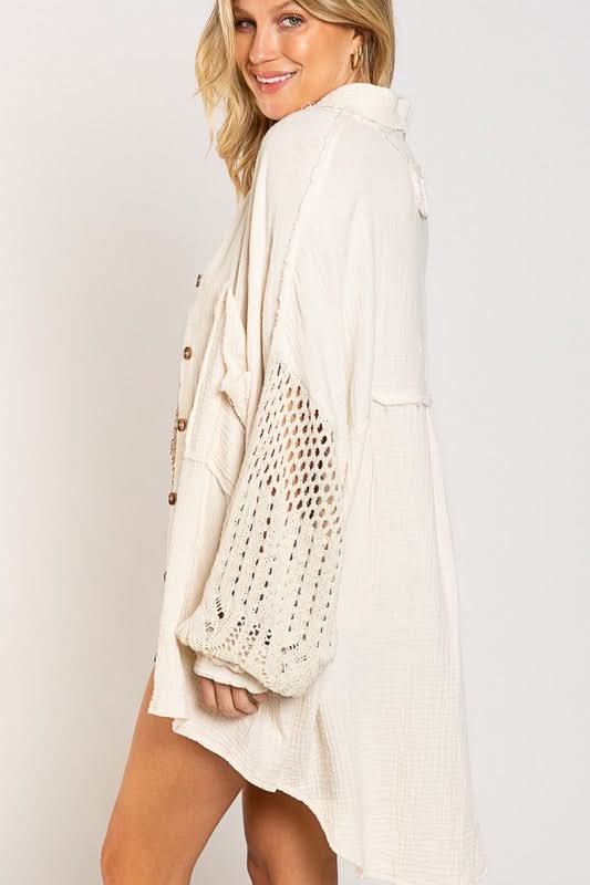 Lesley Beige Crochet Sleeve Shacket