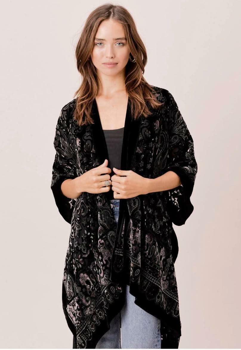 Natalia Black Paisley Burnout Velvet Kimono