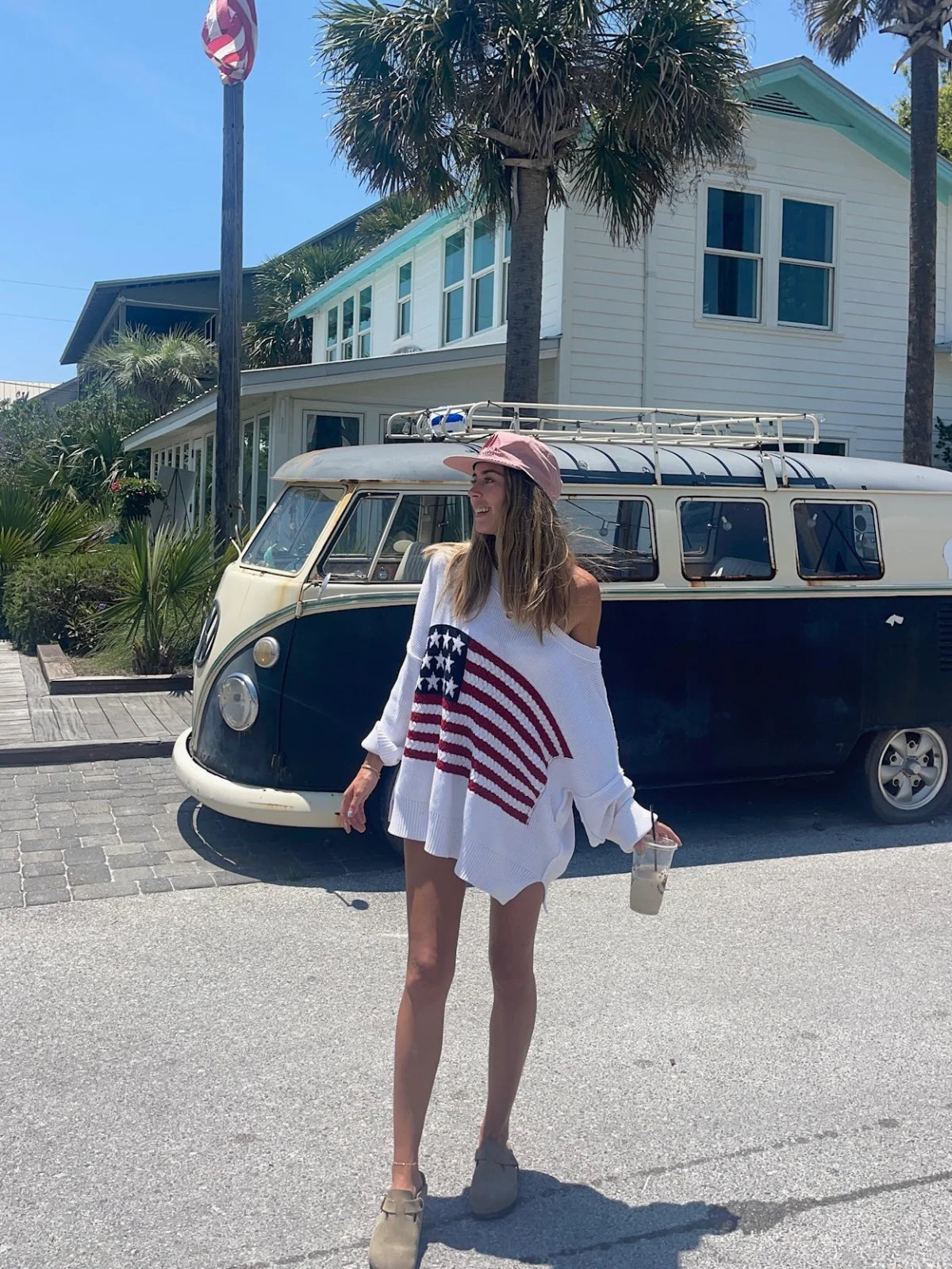 Land of Free White Oversized American Flag Sweater