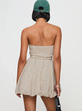 Quinette Strapless Bubble Hem Mini Dress Beige Stripe
