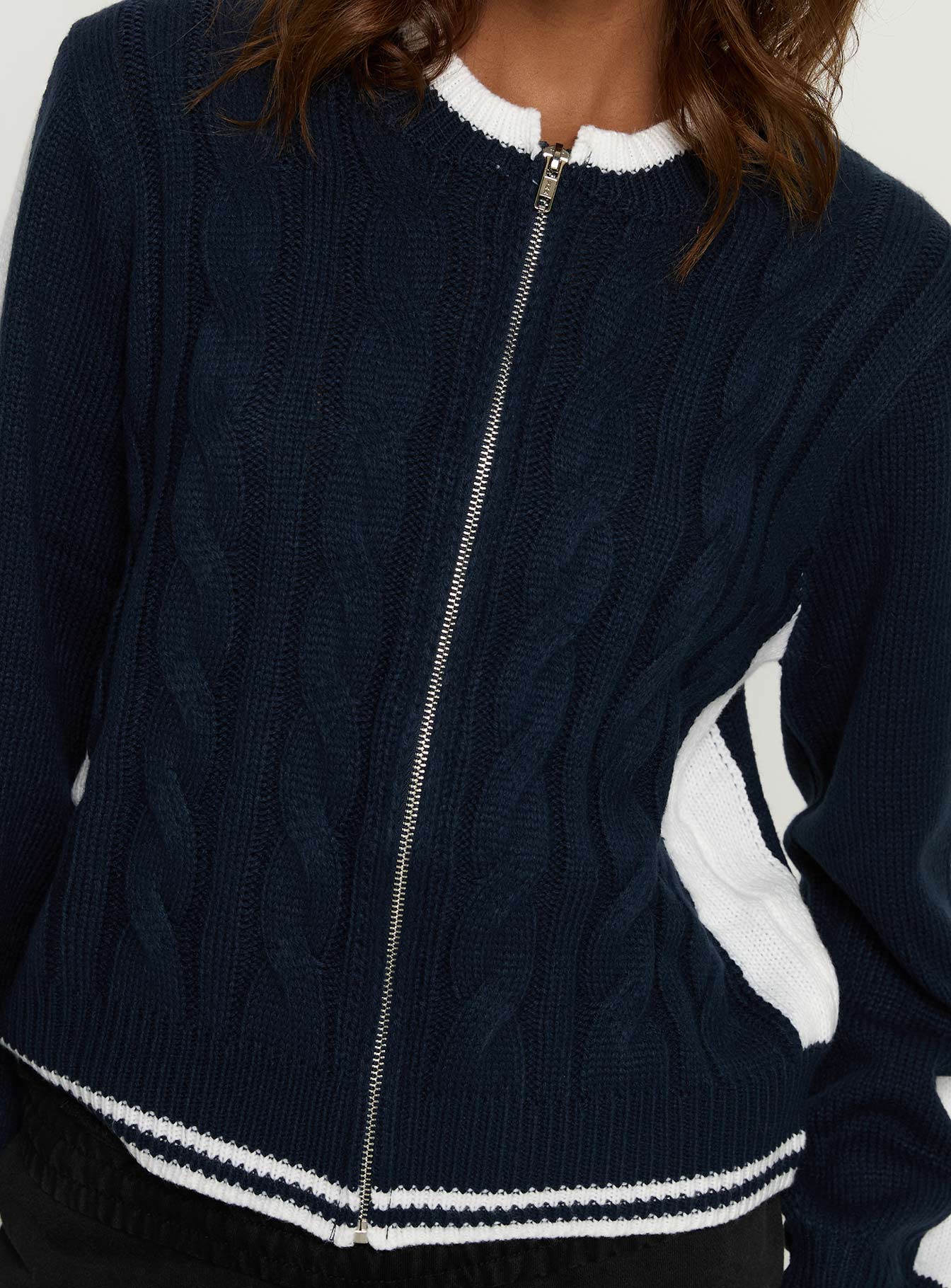 Tevyn Cable Knit Zip Through Knit Sweater Blue Cream