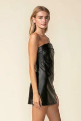 See You There Black Vegan Leather Strapless Mini Dress