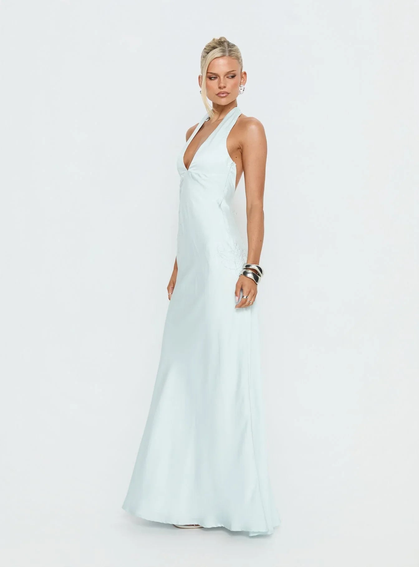 Strawberry Clouds Hotstone Satin Maxi Dress Icy Blue