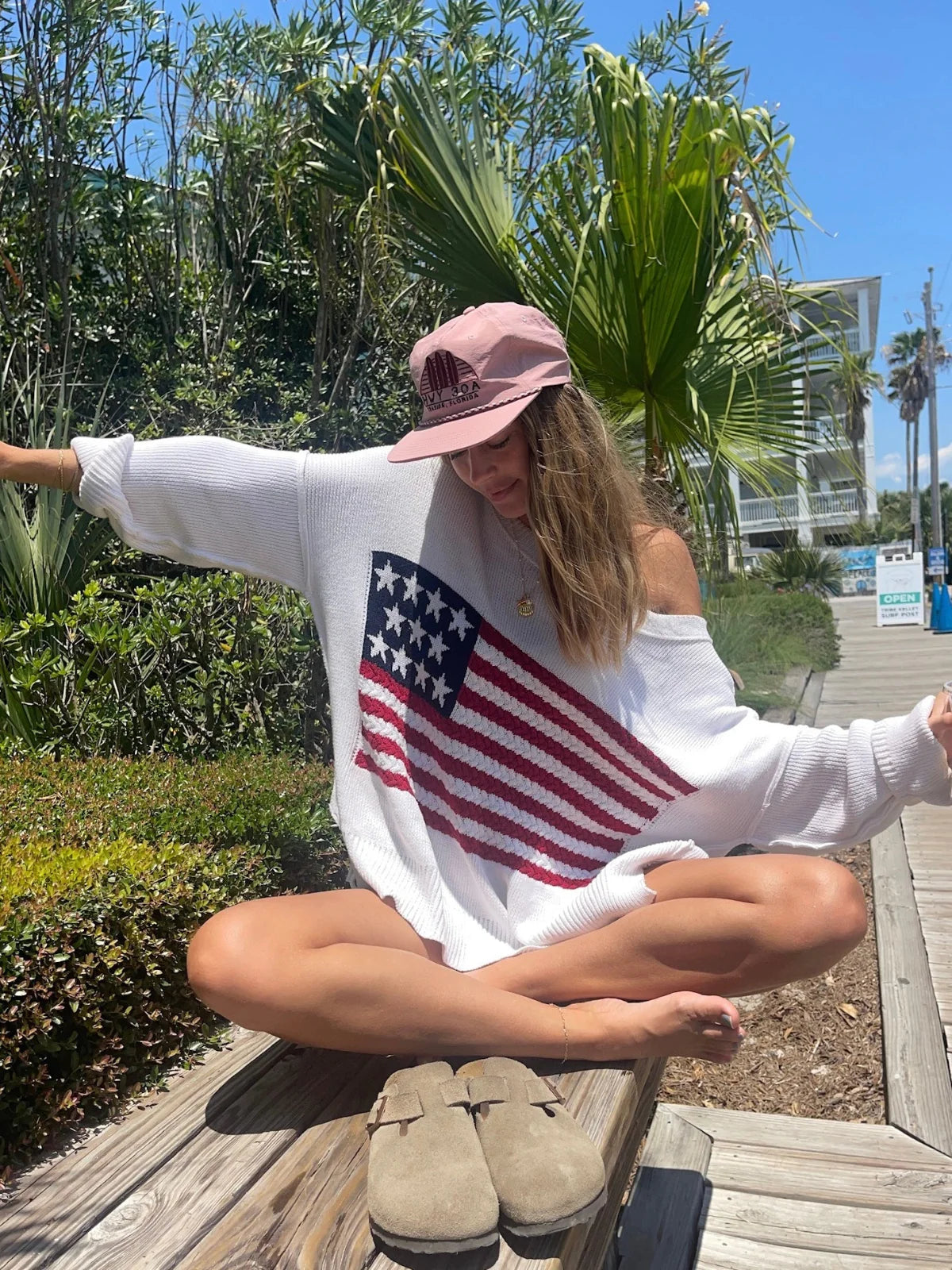 Land of Free White Oversized American Flag Sweater