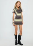 Zuria Collared V neck Mini Dress Brown Yellow Stripe