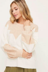 Just in Time Ivory and Blush Colorblock Crew Neck Sweater