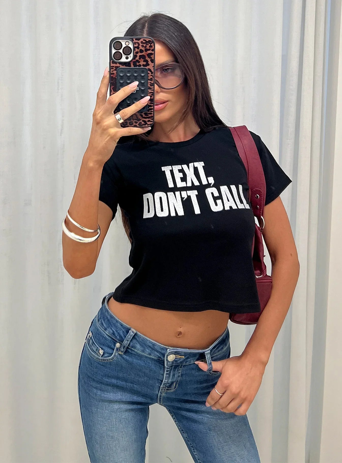 Text Dont Call Shimmer Graphic Top Black