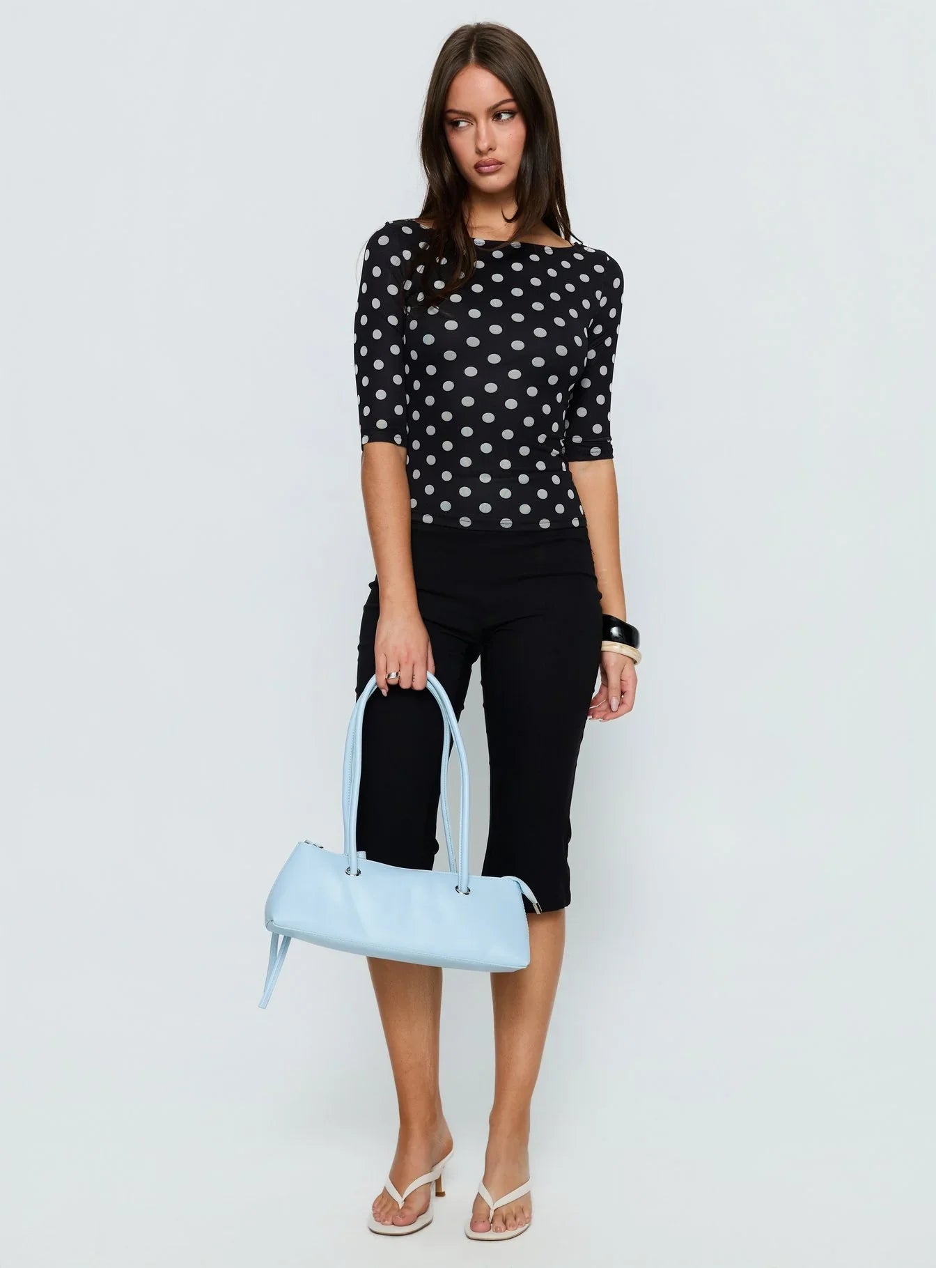 Venna 3/4 Sleeve Boat Neck Top Black / White Polka