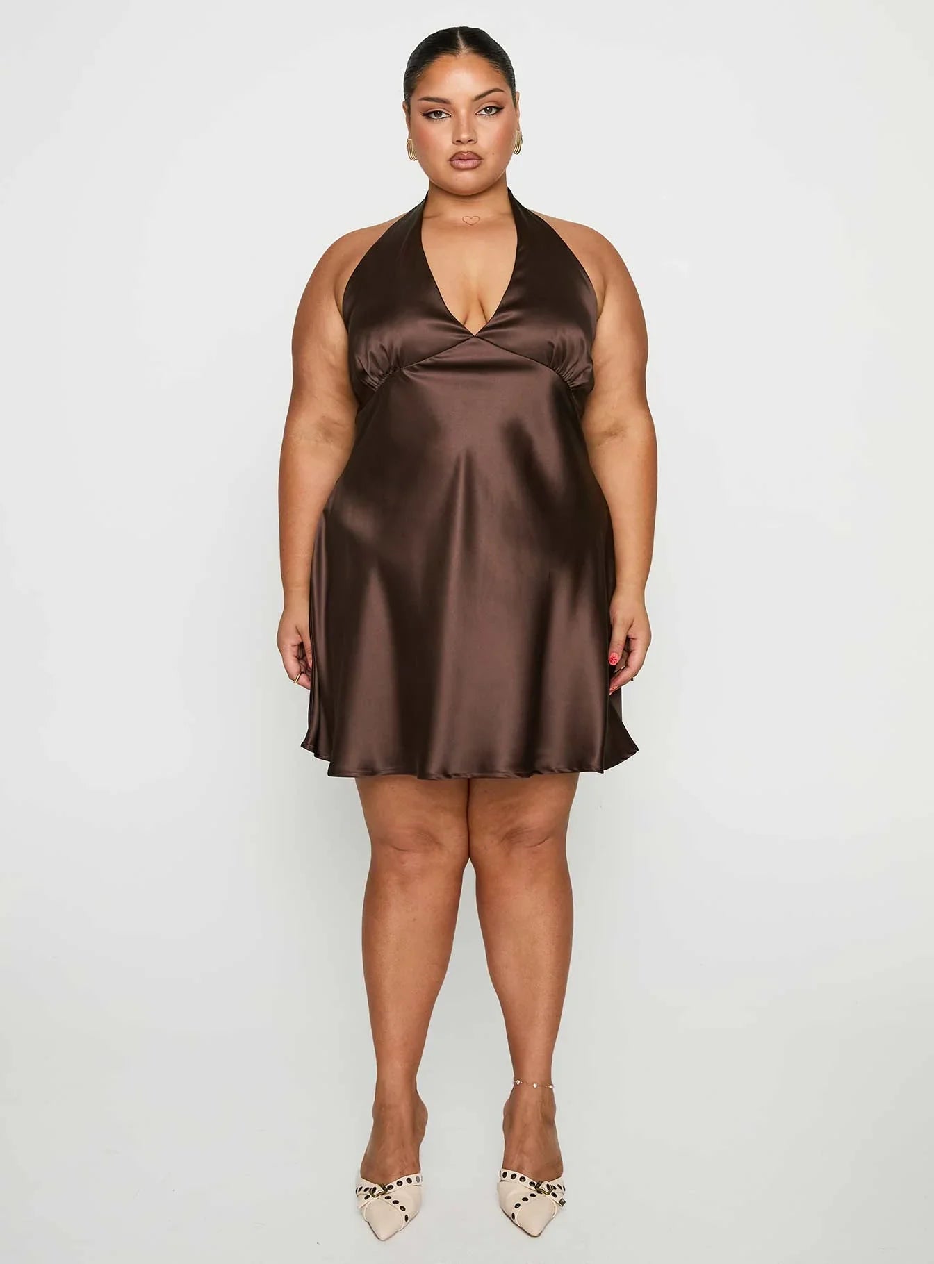 Pelagia Halter Scarf Tie Mini Dress Brown Curve