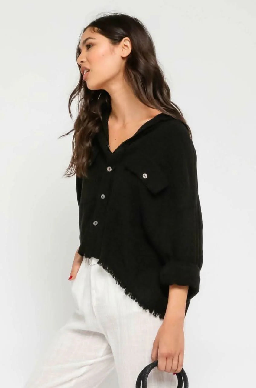 Beach Please Black Frayed Button Up Top