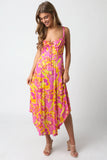 Ios Pink and Yellow Floral Corset Midi Dress