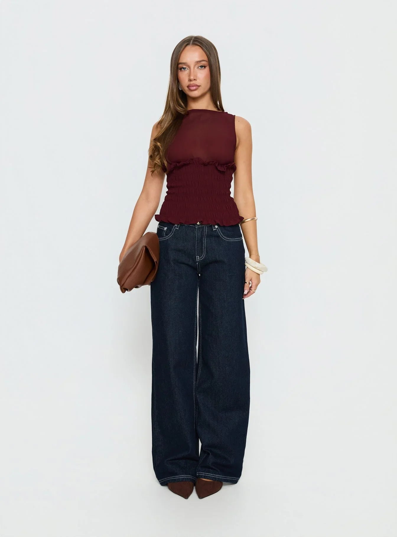 Fever Kiss Chiffon Ruched Top Wine