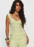 With Pleasure Puff Sleeve Linen Blouse Top Green Blue Stripe