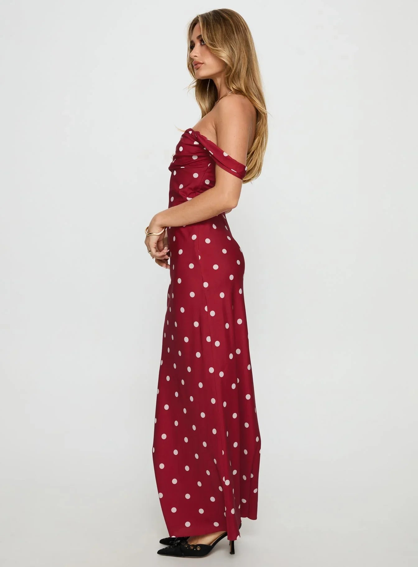 End Credits Off Shoulder Pleat Maxi Dress Red Polka Dot