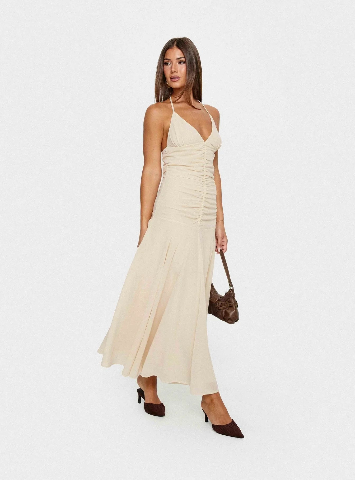 Carlisla Ruched Halter Maxi Dress Yellow