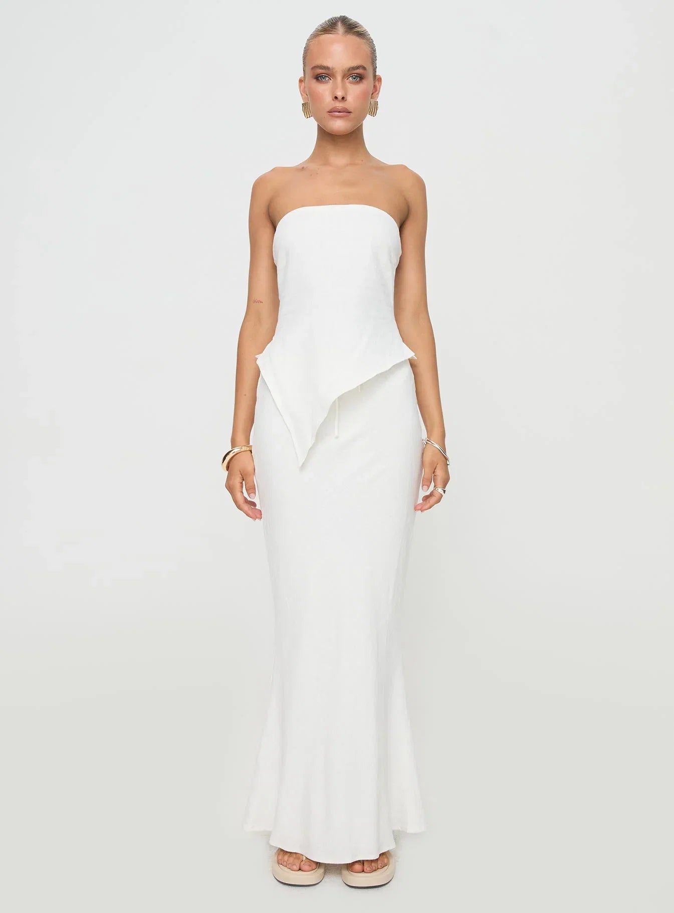 Birdie Asymmetric Linen Blend Top White
