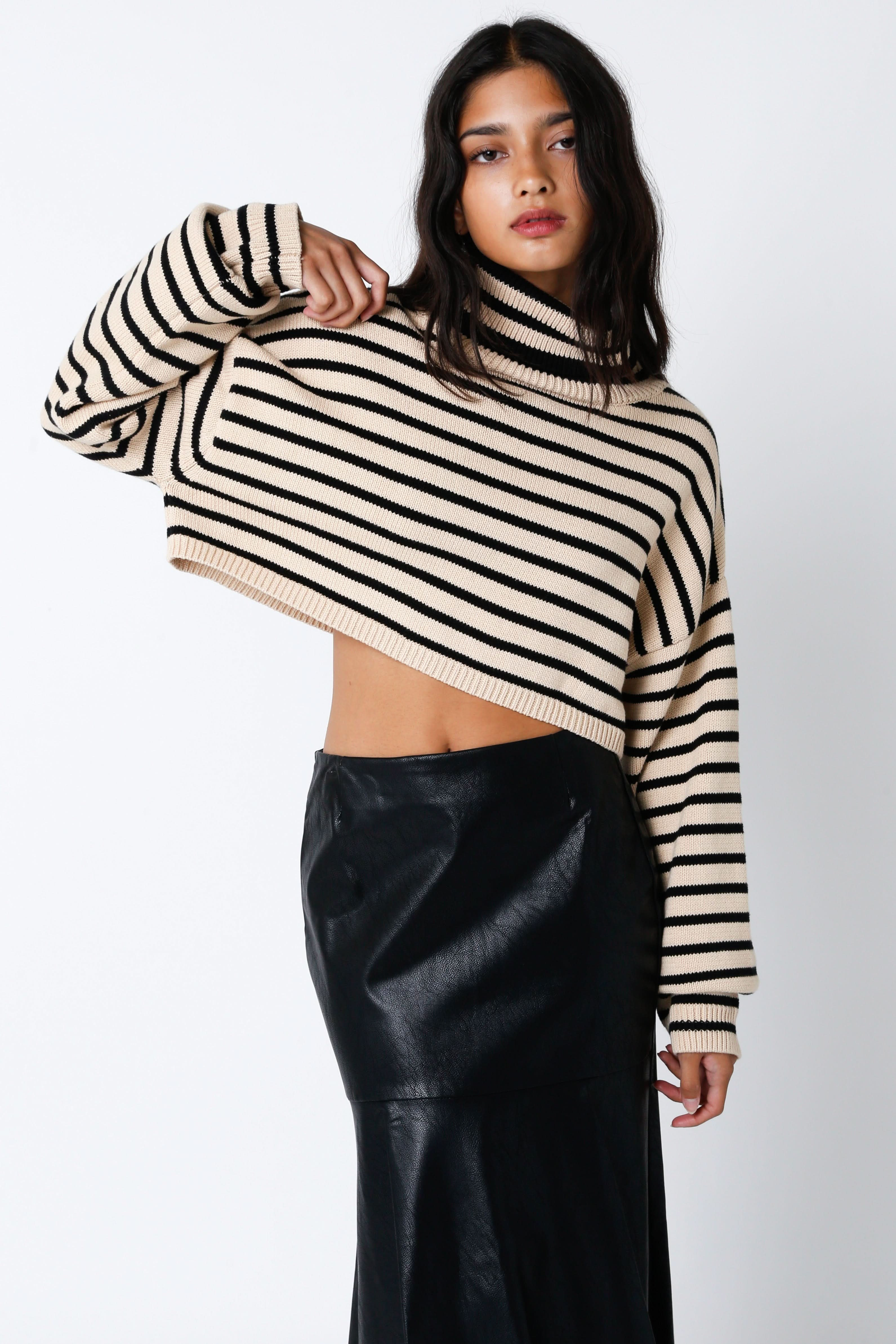 Marla Natural Black Striped Cropped Turtleneck Sweater