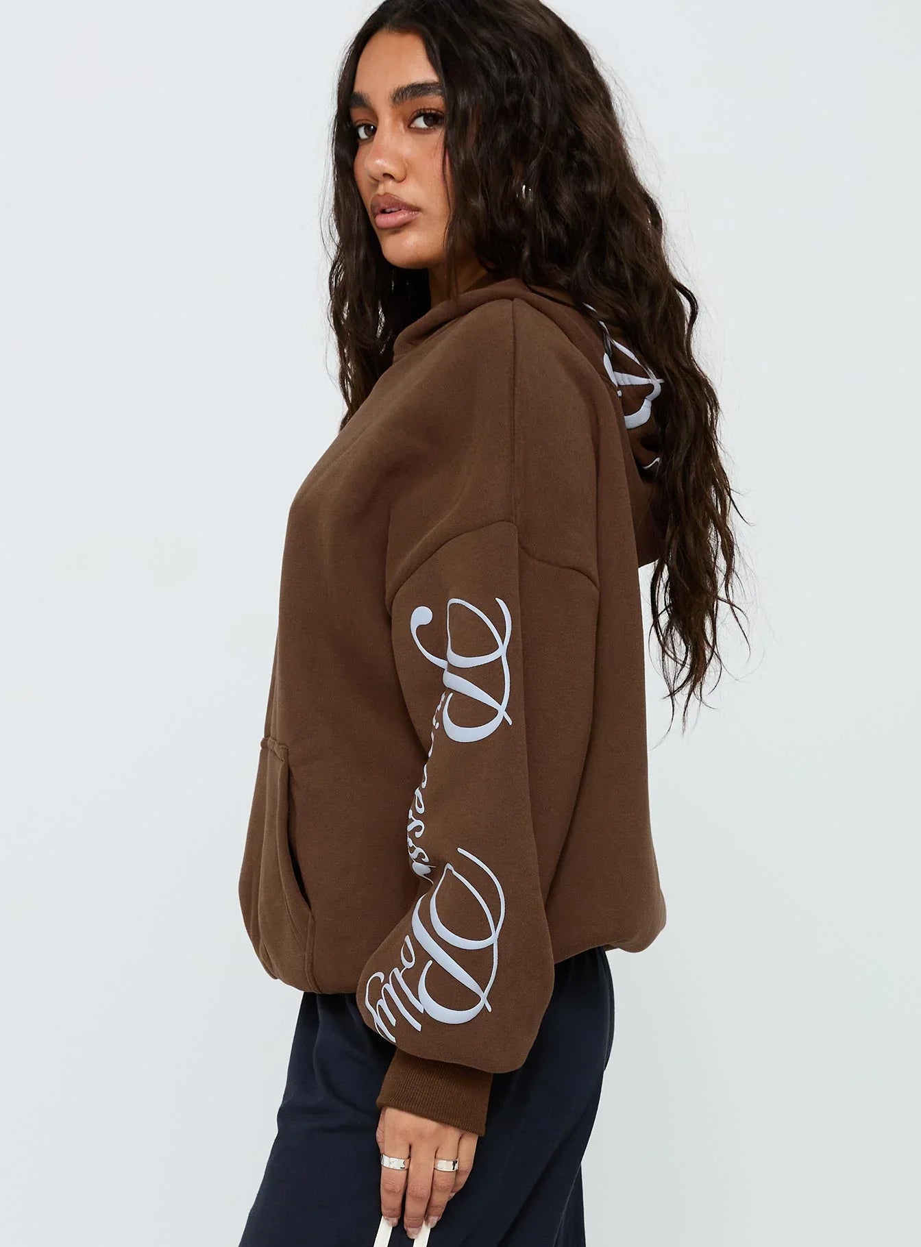 Princess Polly Script Text Graphic Hoodie Brown Blue