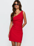 Alvinia One Shoulder Ruched Mini Dress Red