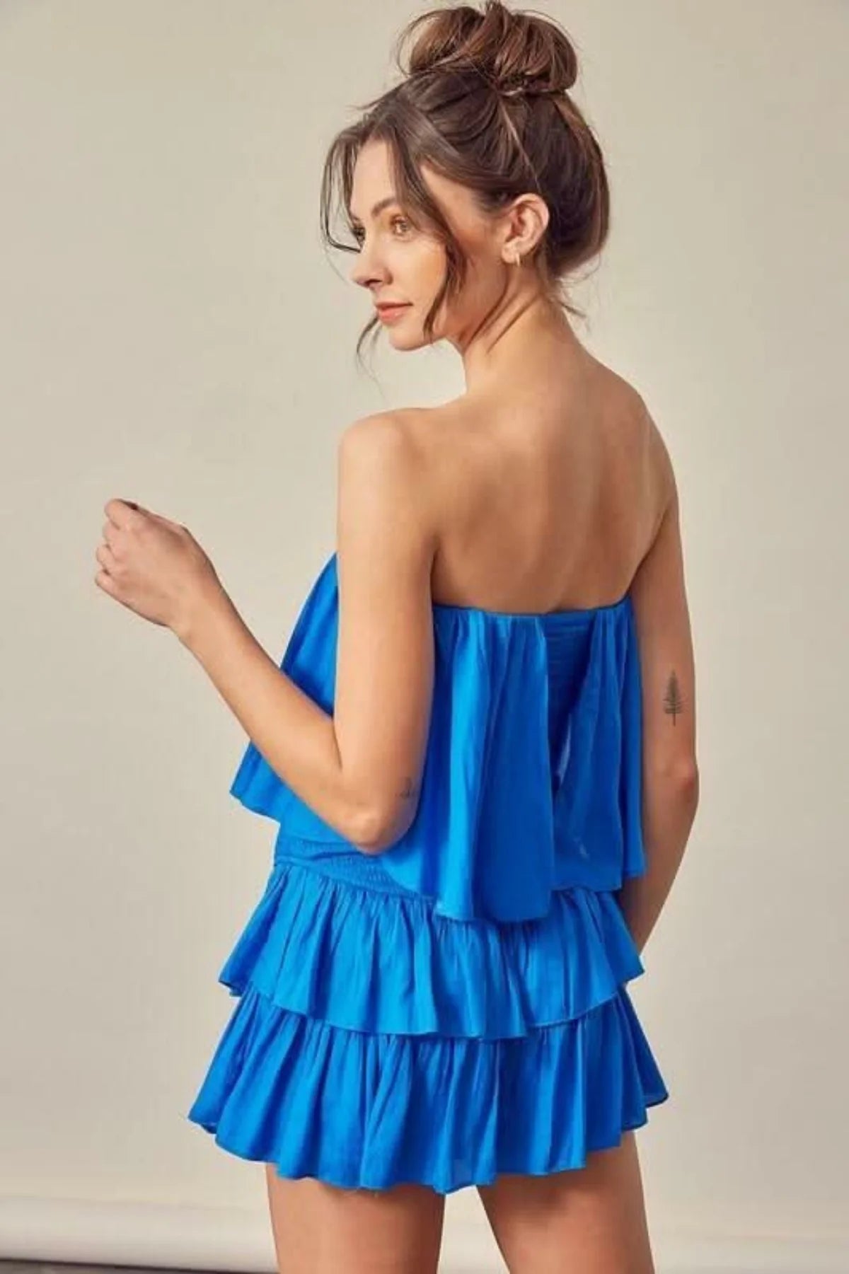 Monaco Paradise Blue Strapless Ruffle Romper