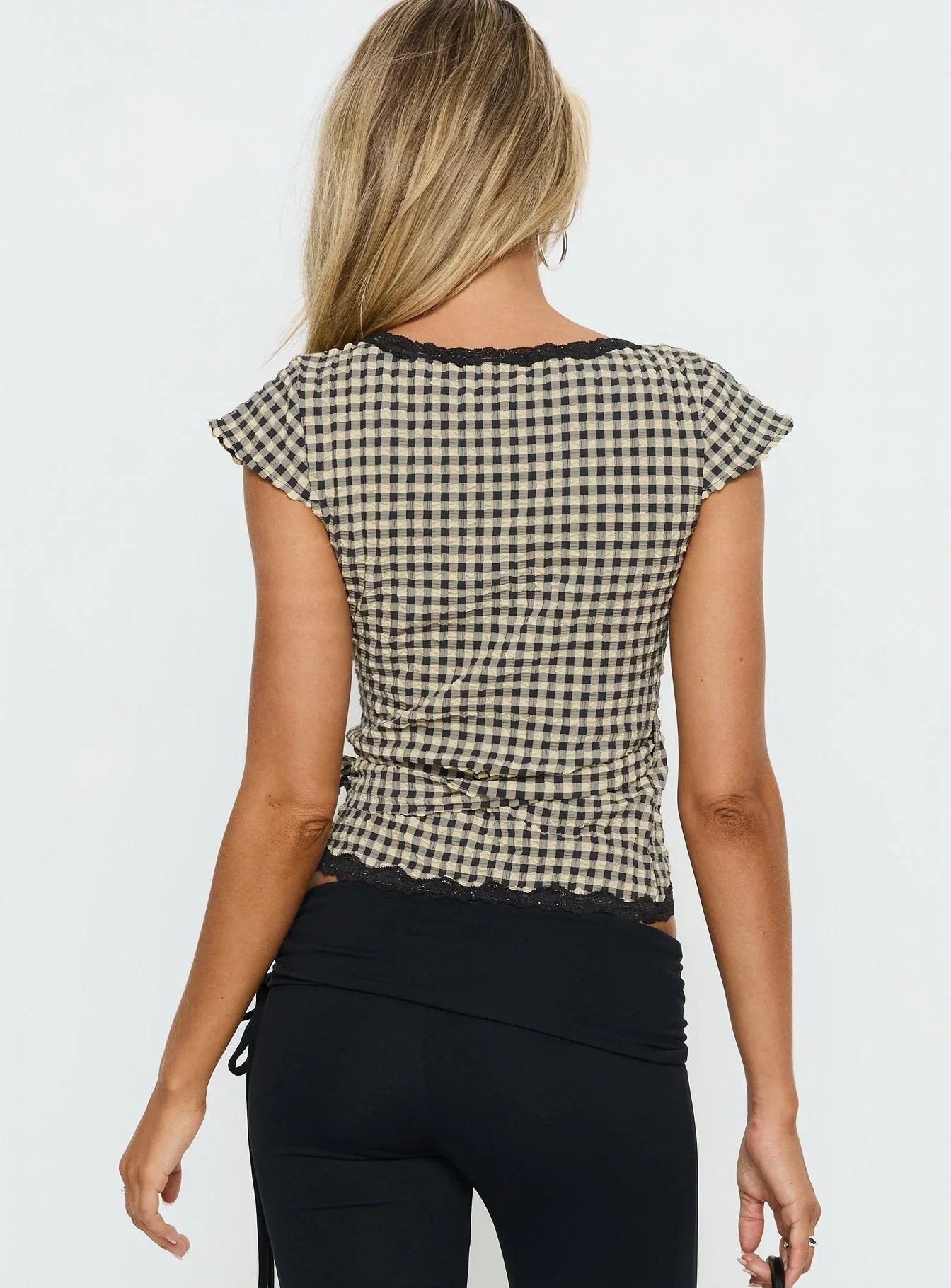 Meltwater Lace Trim Wrap Detail Top Black Check