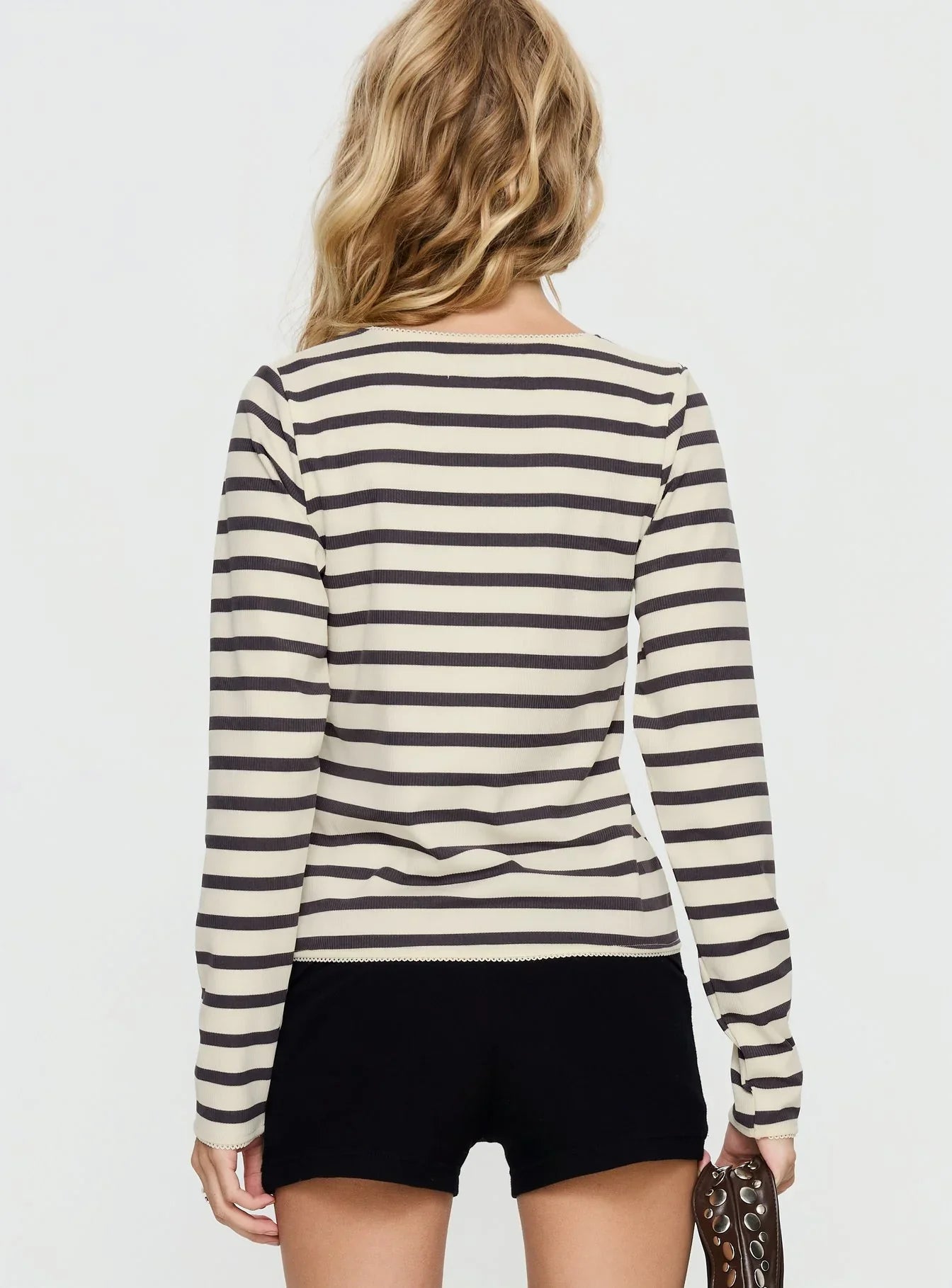 Marvella Button Up Long sleeve Top Dark Grey Cream Stripe