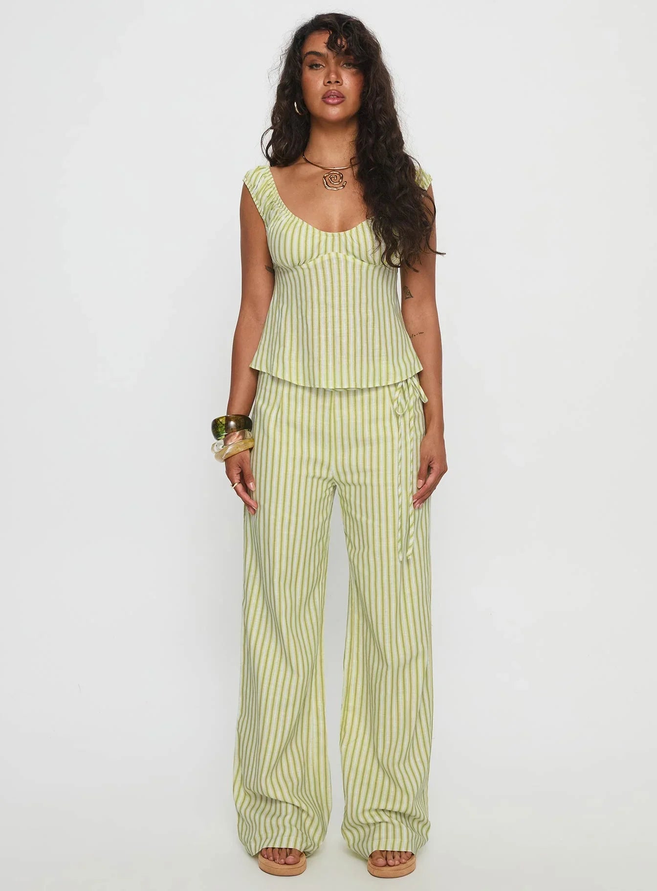 With Pleasure Puff Sleeve Linen Blouse Top Green Blue Stripe