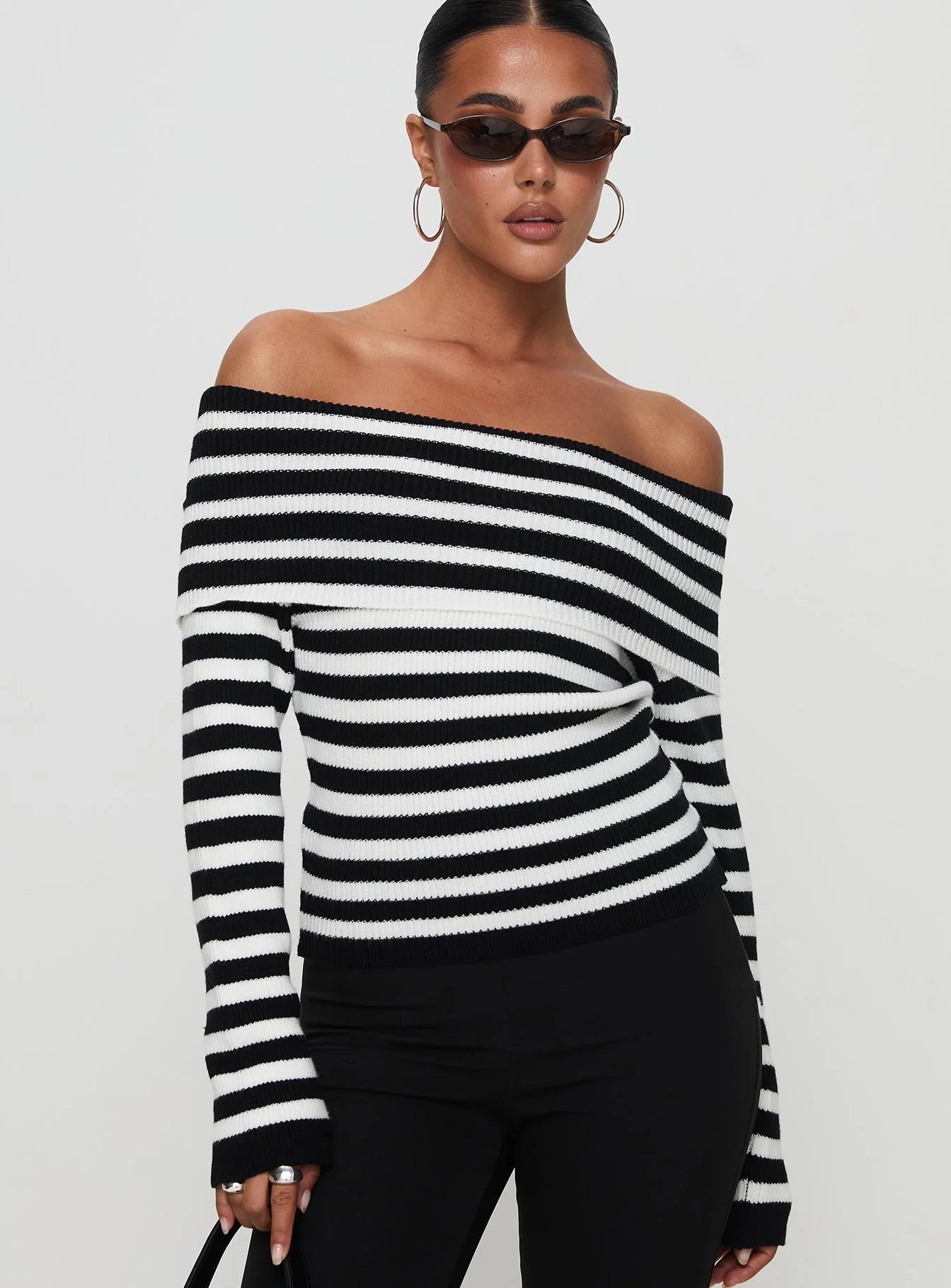 Danyel Off The Shoulder Sweater Black White Stripe