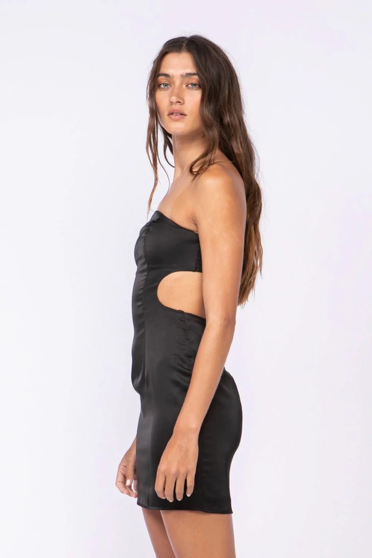Miss Me Black Satin Strapless Cutout Mini Dress