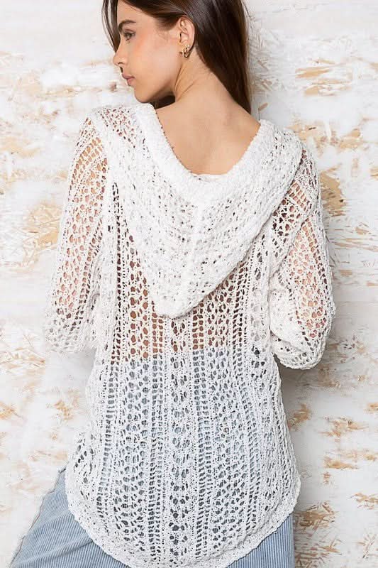 Naxos White Sheer Crochet Hoody Sweater